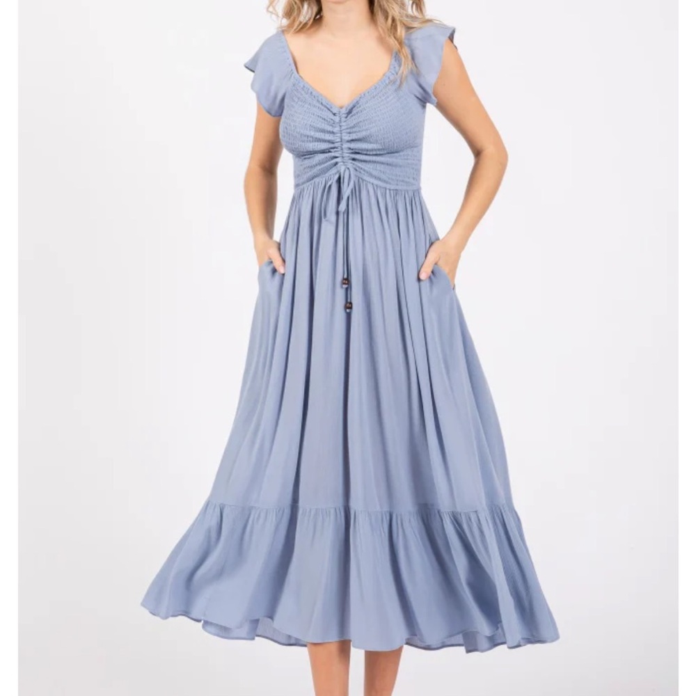 Smocked Bodice Flutter Sleeve Maxi Dress - Light Blue